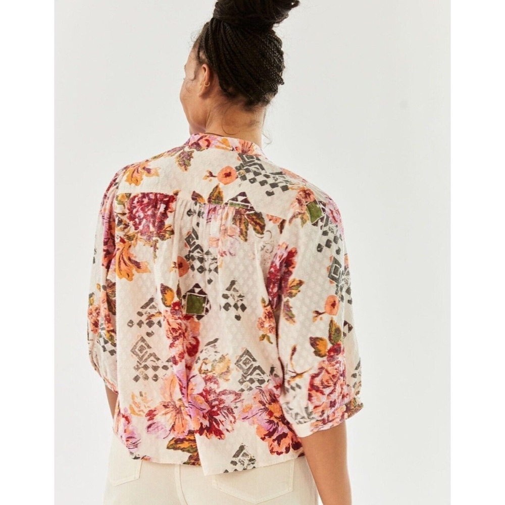 Pilcro Anthropologie Floral Surf Top Blouse Swiss Dot Henley Boho Pink Cream XL - Picture 2 of 12